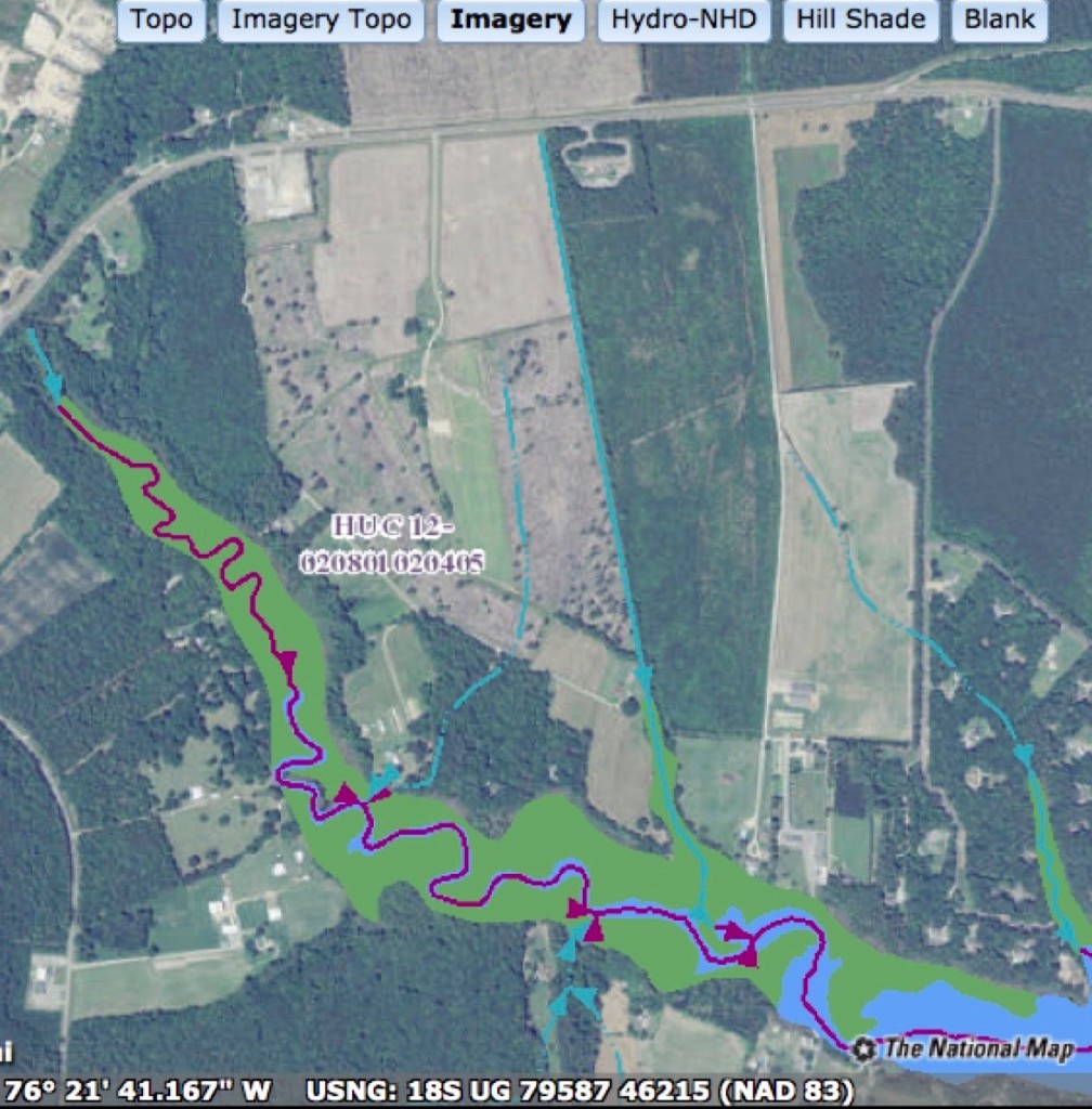 National Map Hydrography view showing intermittent stream on proposed site and East River.