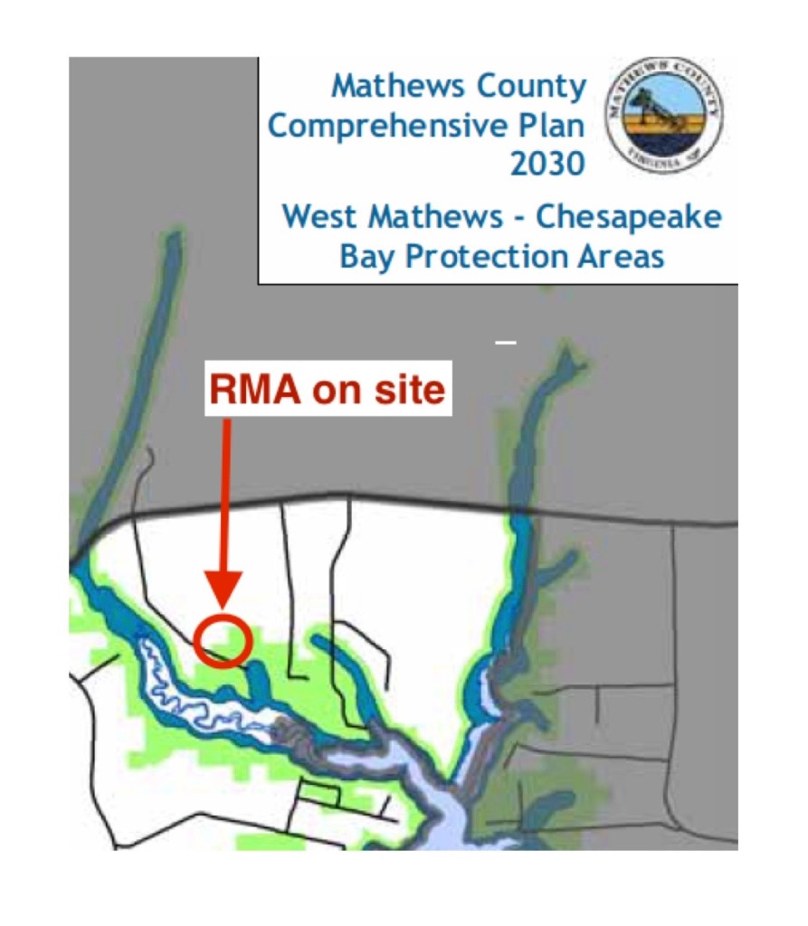 Mathews County Comprehensive Plan showing West Mathews Chesapeake Bay Protection Areas. RMA on proposed site circled in red.