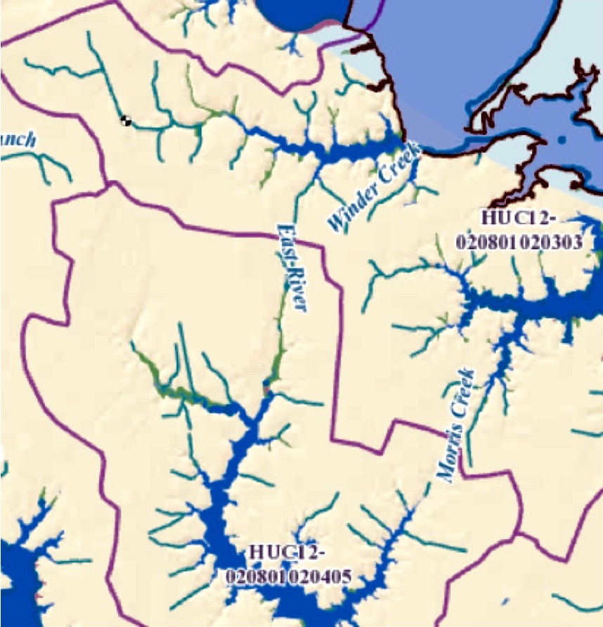 Watershed Boundaries in purple from National Map. (Color enhanced for better visibility.)